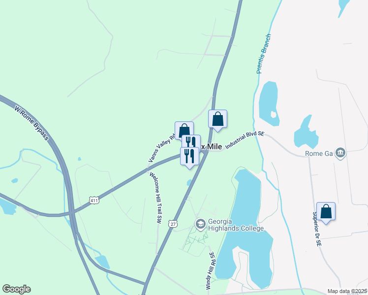 map of restaurants, bars, coffee shops, grocery stores, and more near 3064 Cave Spring Road Southwest in Rome