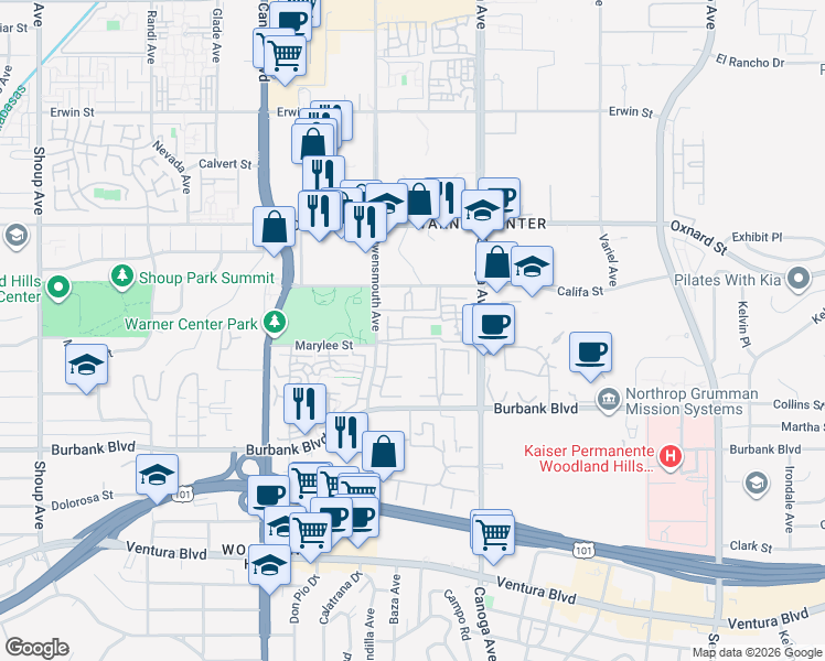 map of restaurants, bars, coffee shops, grocery stores, and more near 5800 Owensmouth Avenue in Los Angeles