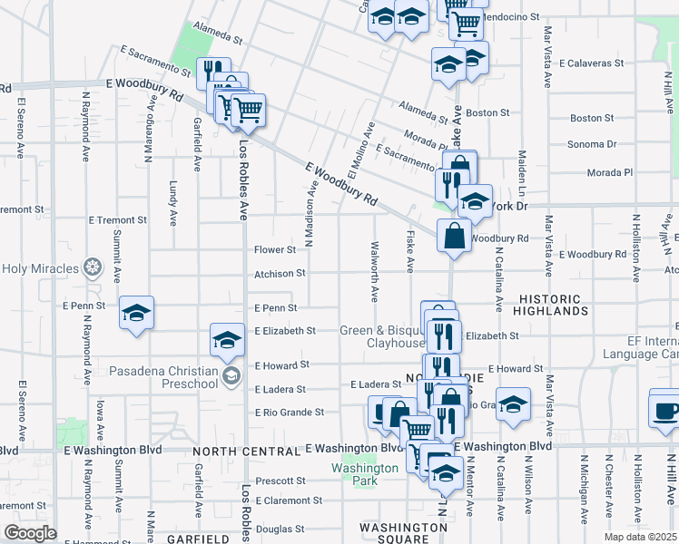 map of restaurants, bars, coffee shops, grocery stores, and more near North El Molino Avenue & Atchison Street in Pasadena