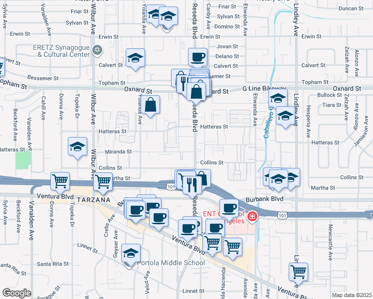 map of restaurants, bars, coffee shops, grocery stores, and more near 18550 Hatteras Street in Los Angeles