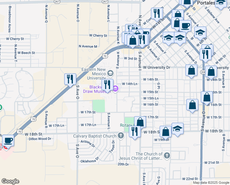 map of restaurants, bars, coffee shops, grocery stores, and more near 1457-1461 South Avenue K in Portales