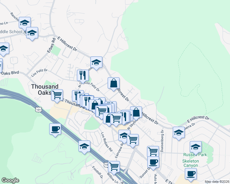 map of restaurants, bars, coffee shops, grocery stores, and more near 2502 East Hillcrest Drive in Thousand Oaks