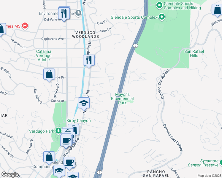 map of restaurants, bars, coffee shops, grocery stores, and more near 1845 Cathay Street in Glendale