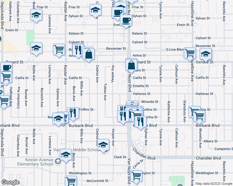 map of restaurants, bars, coffee shops, grocery stores, and more near 14541 1/2 Hatteras Street in Los Angeles