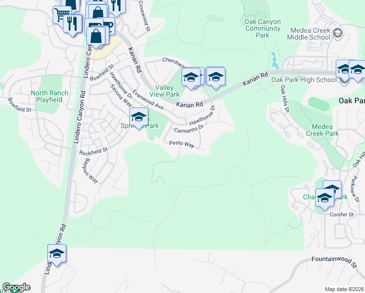 map of restaurants, bars, coffee shops, grocery stores, and more near 5184 Pesto Way in Oak Park