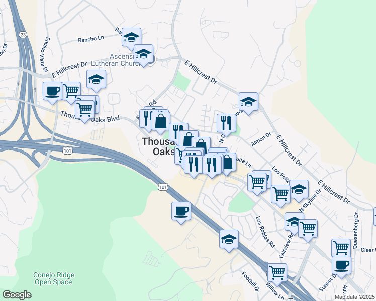 map of restaurants, bars, coffee shops, grocery stores, and more near 2099 Thousand Oaks Boulevard in Thousand Oaks