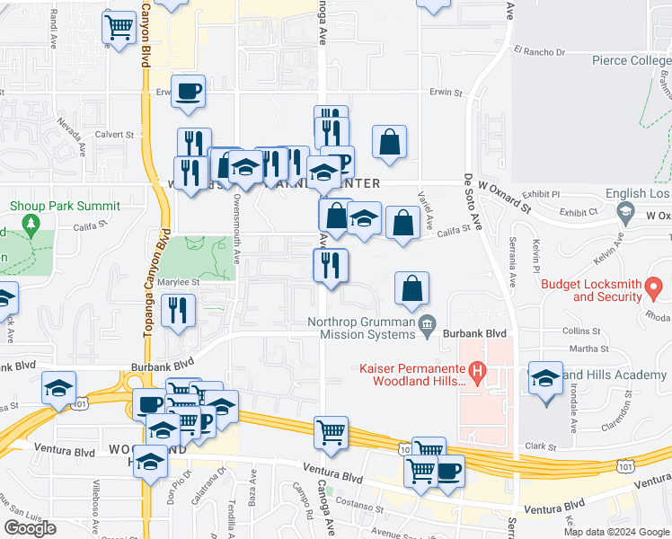 map of restaurants, bars, coffee shops, grocery stores, and more near 5820 Canoga Avenue in Los Angeles
