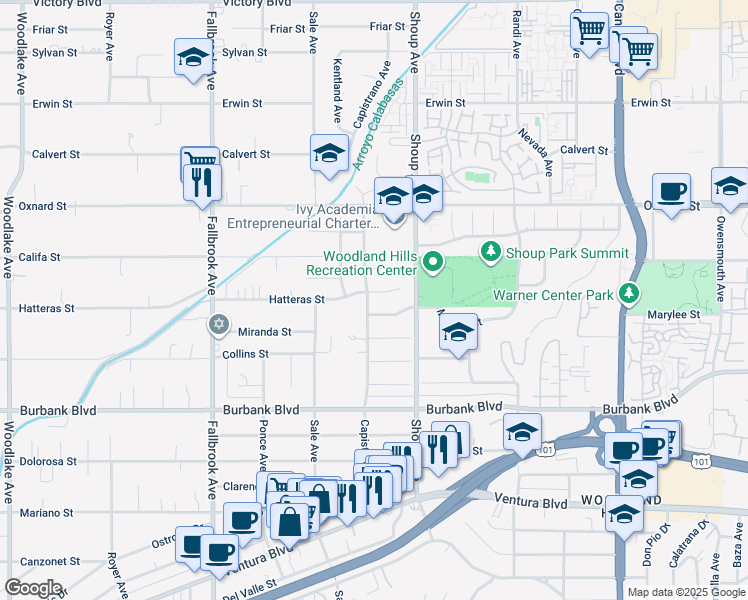 map of restaurants, bars, coffee shops, grocery stores, and more near 22450 Hatteras Street in Los Angeles