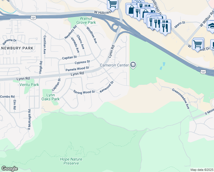 map of restaurants, bars, coffee shops, grocery stores, and more near 632 White Oak Lane in Thousand Oaks