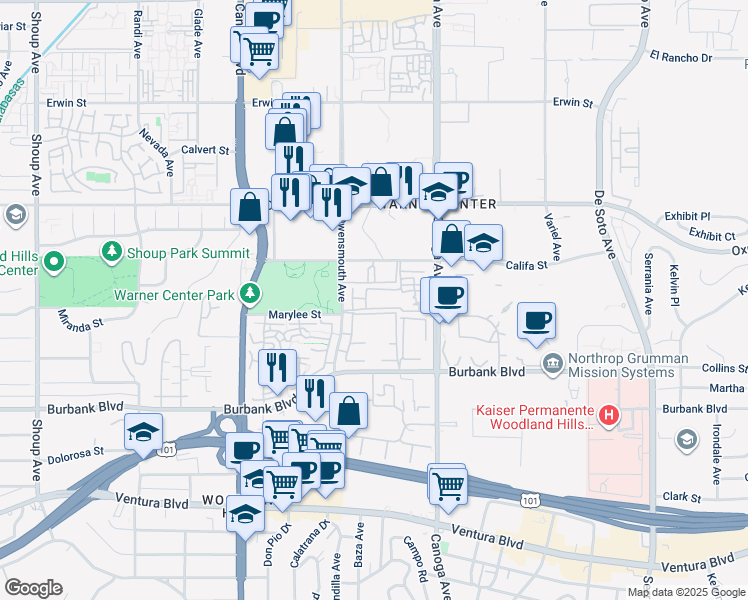 map of restaurants, bars, coffee shops, grocery stores, and more near 5800 Owensmouth Avenue in Los Angeles