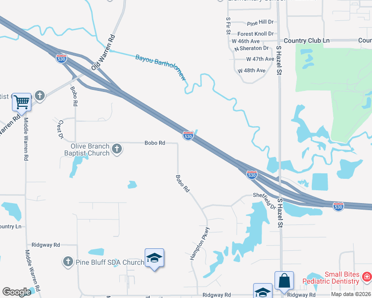 map of restaurants, bars, coffee shops, grocery stores, and more near 5335 Bobo Road in Pine Bluff
