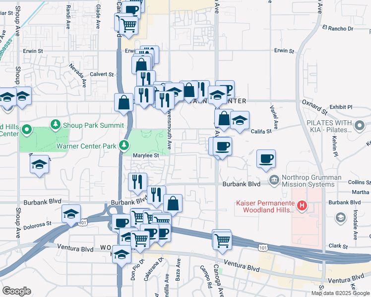 map of restaurants, bars, coffee shops, grocery stores, and more near 5800 Owensmouth Avenue in Los Angeles