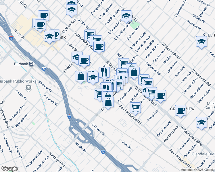map of restaurants, bars, coffee shops, grocery stores, and more near 221 East Valencia Avenue in Burbank