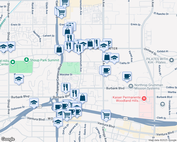 map of restaurants, bars, coffee shops, grocery stores, and more near 5800 Owensmouth Avenue in Los Angeles