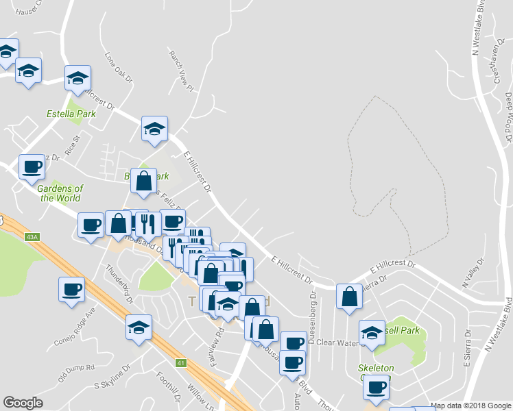 map of restaurants, bars, coffee shops, grocery stores, and more near 401 East Hilltop Way in Thousand Oaks
