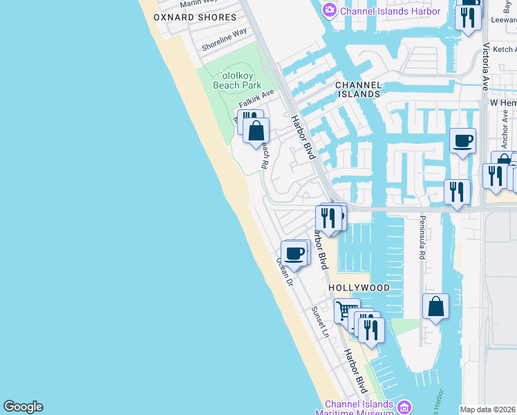 map of restaurants, bars, coffee shops, grocery stores, and more near 4192 Ocean Drive in Oxnard