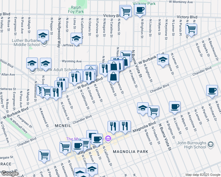 map of restaurants, bars, coffee shops, grocery stores, and more near 1207 North Catalina Street in Burbank