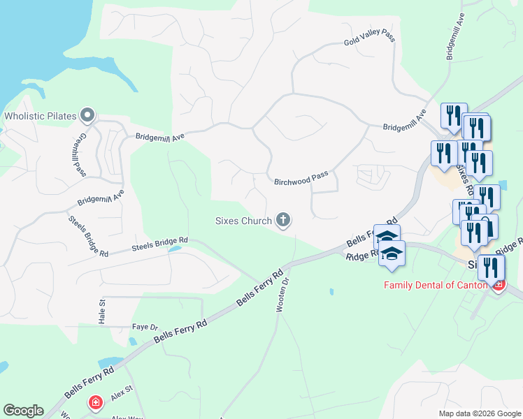map of restaurants, bars, coffee shops, grocery stores, and more near 614 Redwood Lane in Canton