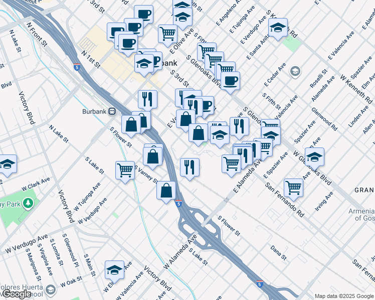 map of restaurants, bars, coffee shops, grocery stores, and more near 300 East Providencia Avenue in Burbank