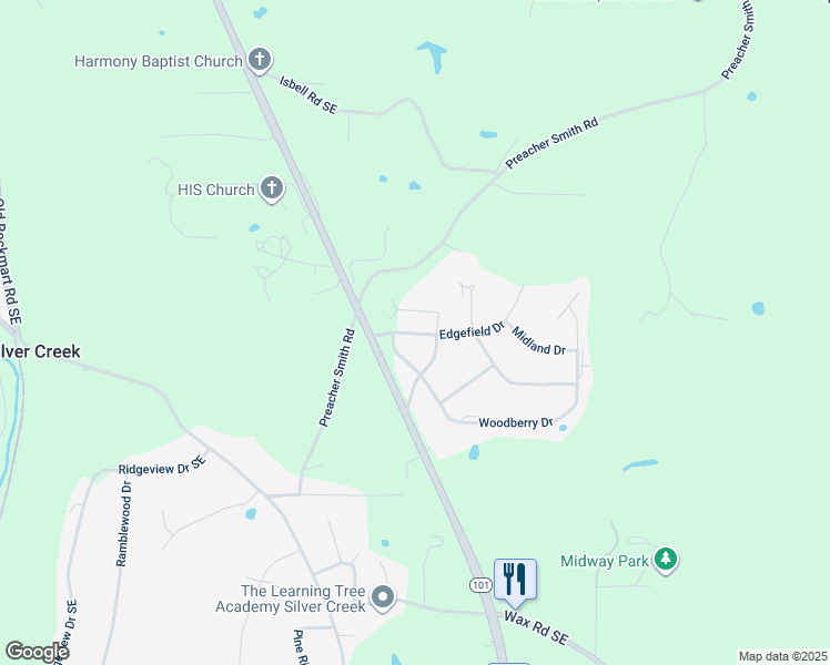 map of restaurants, bars, coffee shops, grocery stores, and more near 5 Midway School Road Southeast in Silver Creek