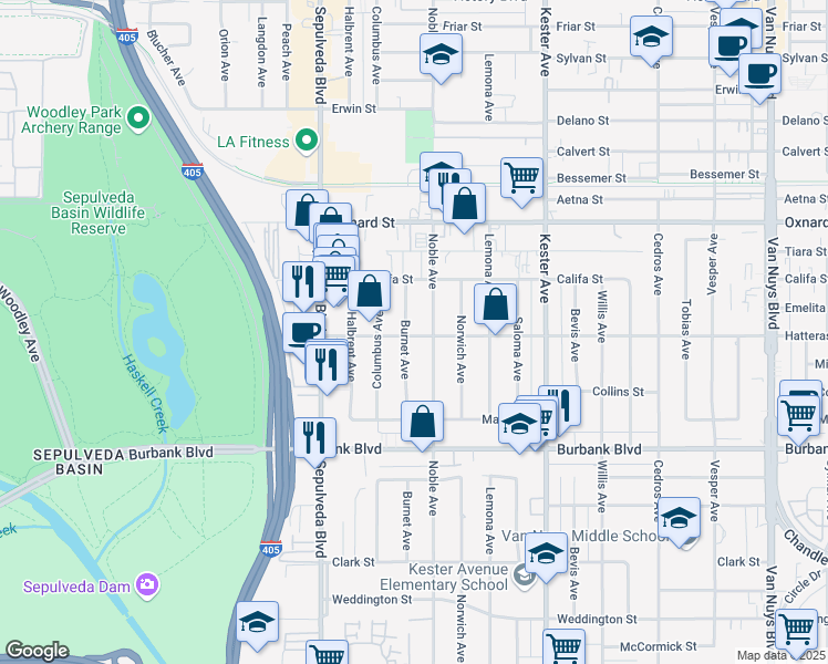 map of restaurants, bars, coffee shops, grocery stores, and more near 5802 Burnet Avenue in Los Angeles