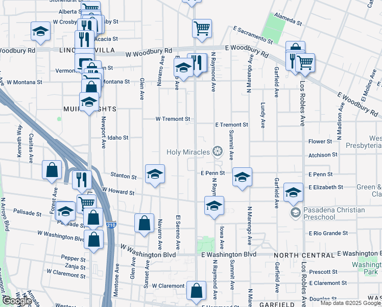 map of restaurants, bars, coffee shops, grocery stores, and more near 1760 North Fair Oaks Avenue in Pasadena