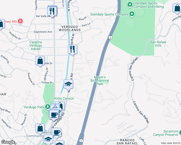 map of restaurants, bars, coffee shops, grocery stores, and more near 1845 Cathay Street in Glendale