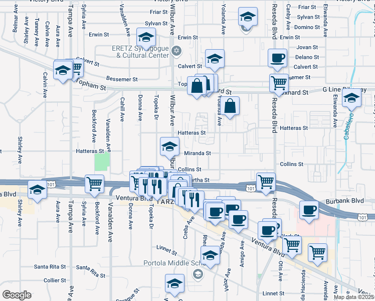 map of restaurants, bars, coffee shops, grocery stores, and more near 18827 Miranda Street in Los Angeles