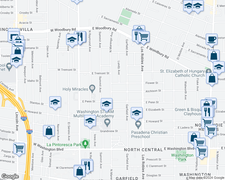 map of restaurants, bars, coffee shops, grocery stores, and more near 225 Atchison Street in Pasadena