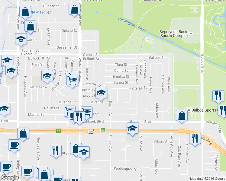map of restaurants, bars, coffee shops, grocery stores, and more near 17446 Hatteras Street in Los Angeles
