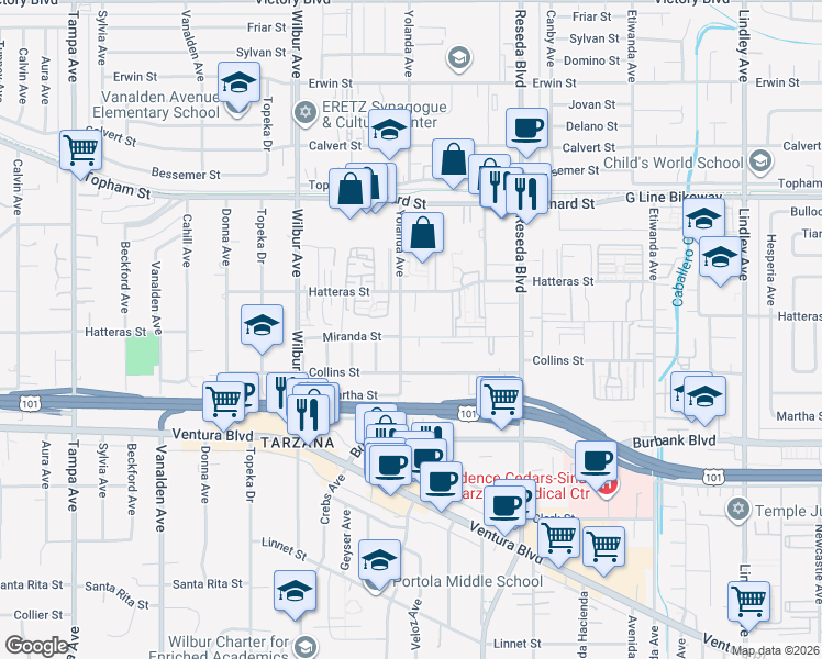 map of restaurants, bars, coffee shops, grocery stores, and more near 5810 Yolanda Avenue in Los Angeles