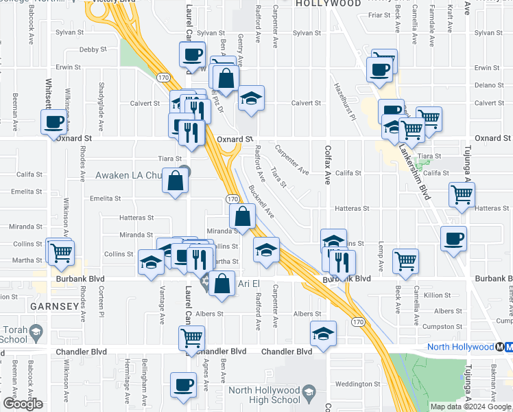 map of restaurants, bars, coffee shops, grocery stores, and more near 5805 Bucknell Avenue in Los Angeles