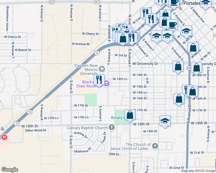 map of restaurants, bars, coffee shops, grocery stores, and more near 1457-1461 South Avenue K in Portales