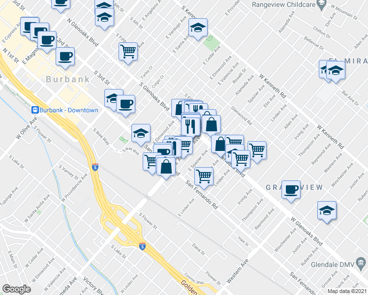map of restaurants, bars, coffee shops, grocery stores, and more near 303 East Alameda Avenue in Burbank