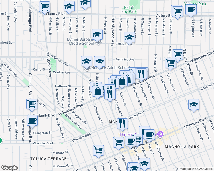 map of restaurants, bars, coffee shops, grocery stores, and more near 1434 North Pepper Street in Burbank