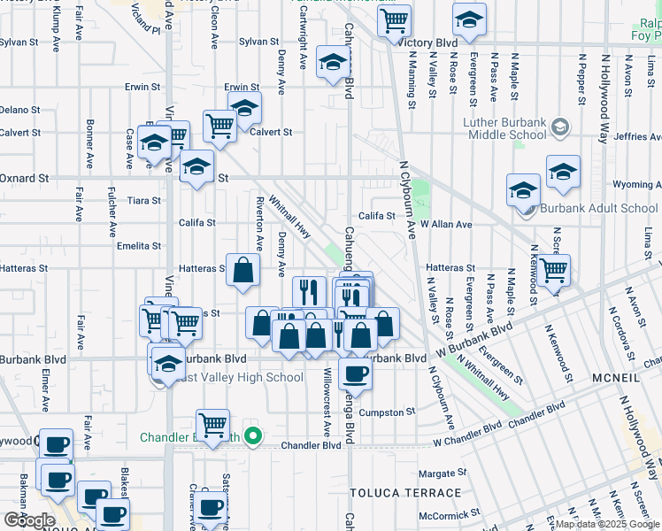 map of restaurants, bars, coffee shops, grocery stores, and more near 5761 North Whitnall Highway in Los Angeles