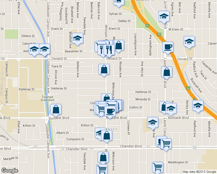map of restaurants, bars, coffee shops, grocery stores, and more near 5805 Whitsett Avenue in Los Angeles