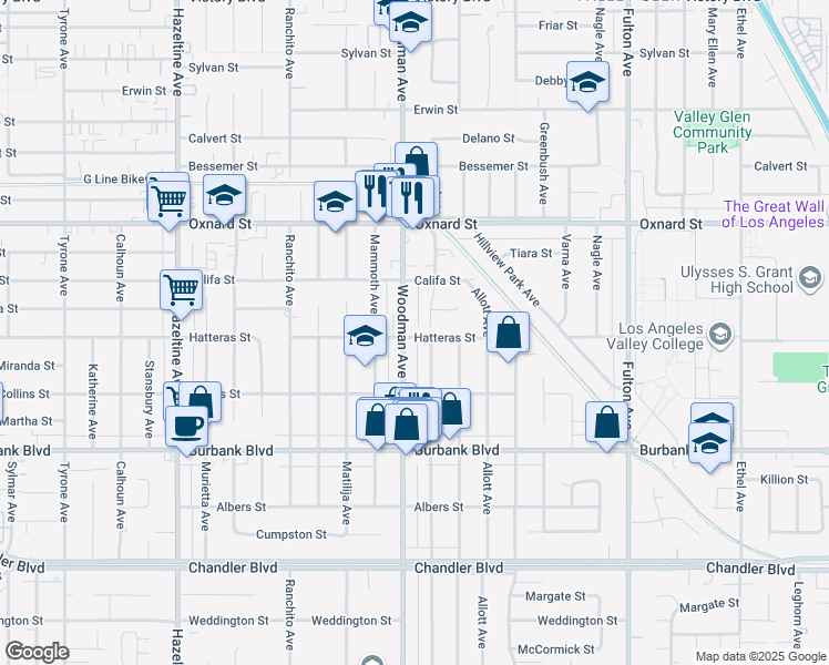 map of restaurants, bars, coffee shops, grocery stores, and more near 5804 Woodman Avenue in Los Angeles
