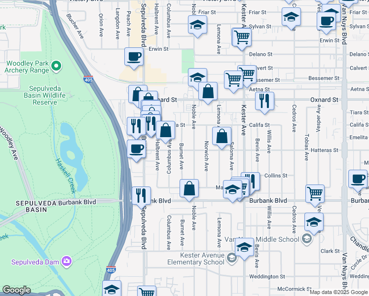 map of restaurants, bars, coffee shops, grocery stores, and more near 5802 Burnet Avenue in Los Angeles