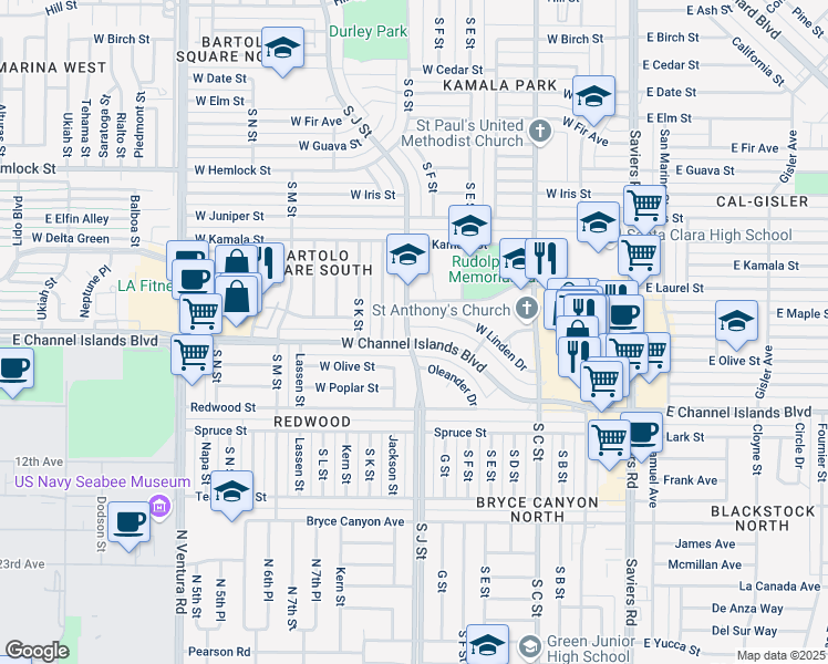 map of restaurants, bars, coffee shops, grocery stores, and more near 731 West Channel Islands Boulevard in Oxnard