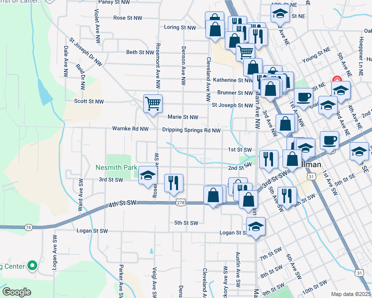 map of restaurants, bars, coffee shops, grocery stores, and more near 1405 1st Street Southwest in Cullman