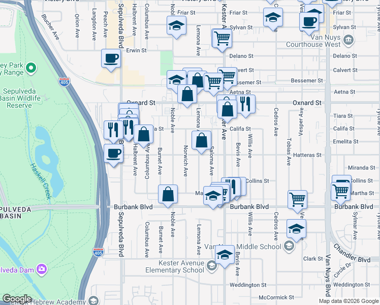 map of restaurants, bars, coffee shops, grocery stores, and more near 5802 Norwich Avenue in Los Angeles