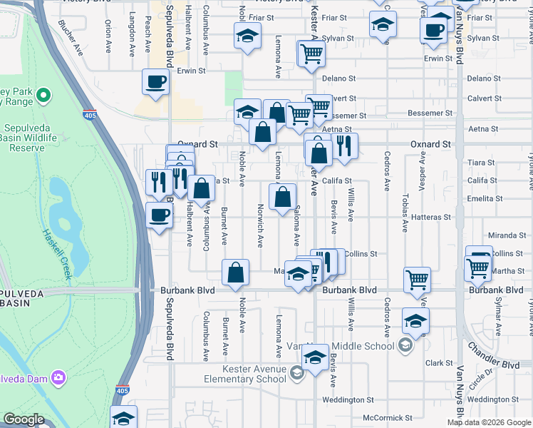 map of restaurants, bars, coffee shops, grocery stores, and more near 5802 Norwich Avenue in Los Angeles