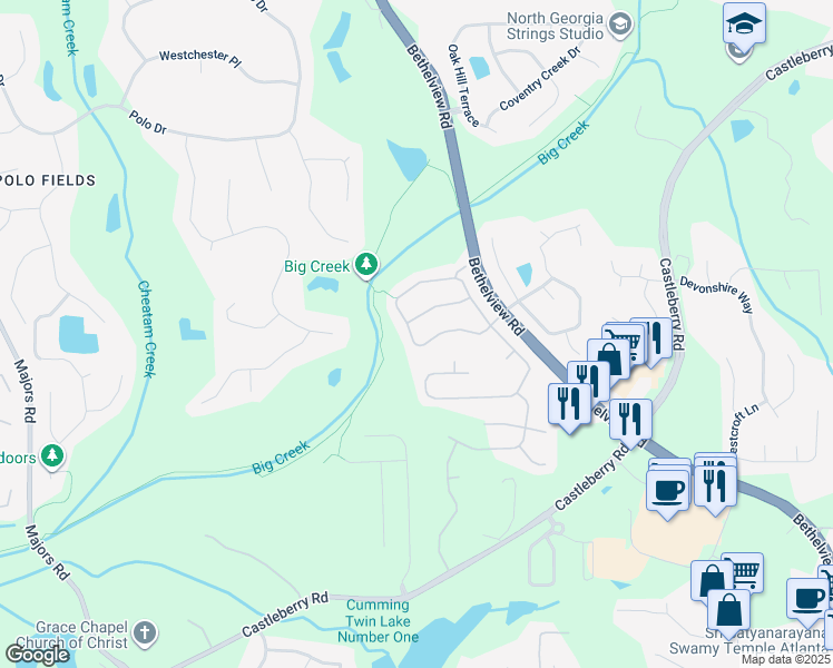 map of restaurants, bars, coffee shops, grocery stores, and more near 5620 Beaver Ridge Drive in Cumming