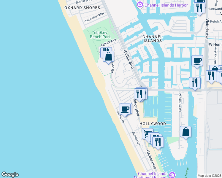 map of restaurants, bars, coffee shops, grocery stores, and more near 4189 Sunset Lane in Oxnard