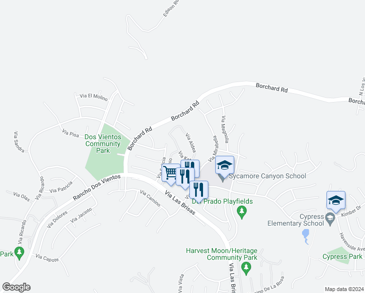 map of restaurants, bars, coffee shops, grocery stores, and more near 154 Via Katrina in Thousand Oaks