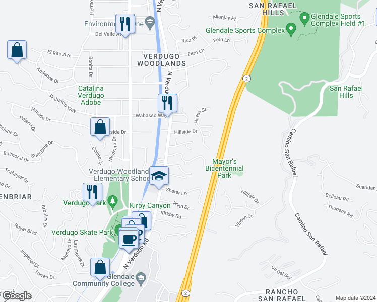 map of restaurants, bars, coffee shops, grocery stores, and more near 1848 Samarkand Place in Glendale