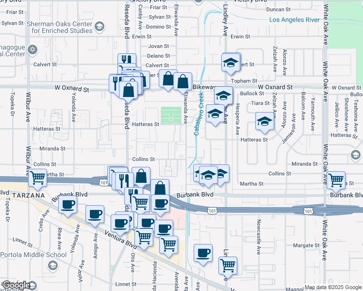 map of restaurants, bars, coffee shops, grocery stores, and more near 5731 Etiwanda Avenue in Los Angeles