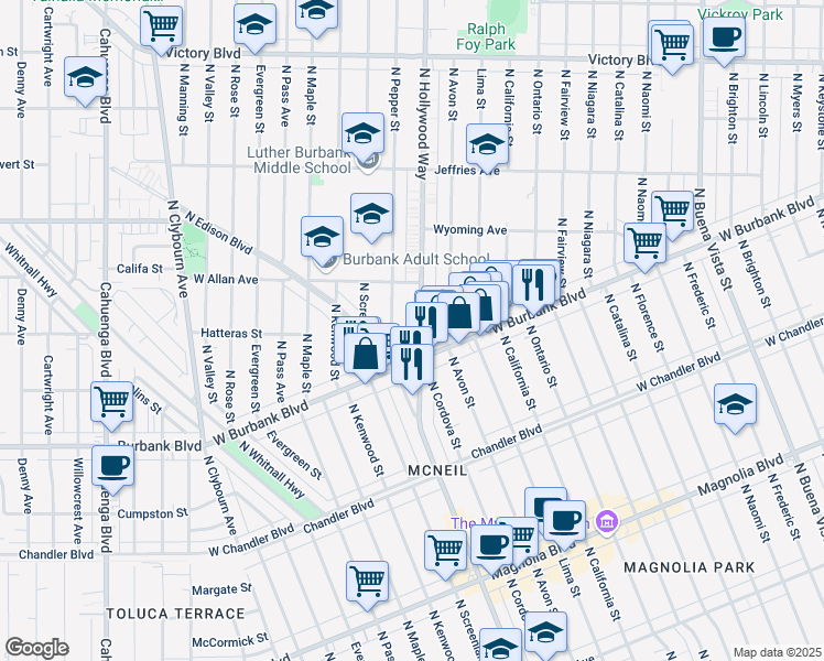 map of restaurants, bars, coffee shops, grocery stores, and more near 1423 North Hollywood Way in Burbank