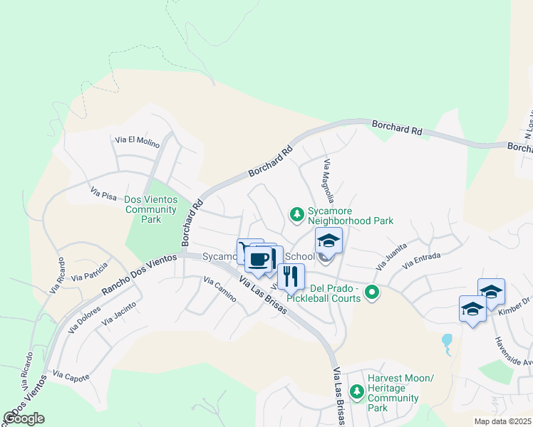 map of restaurants, bars, coffee shops, grocery stores, and more near 154 Via Katrina in Thousand Oaks
